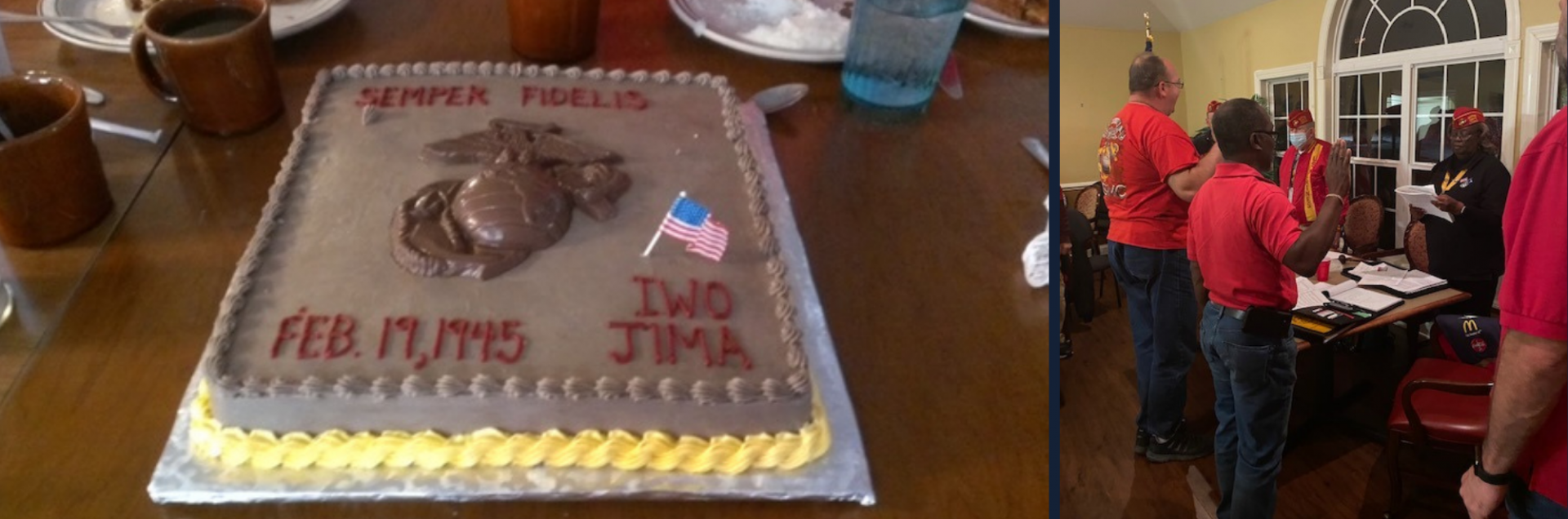 Marine Corps Speedy Wilson cake on the left, with 2 men joining organization on the right